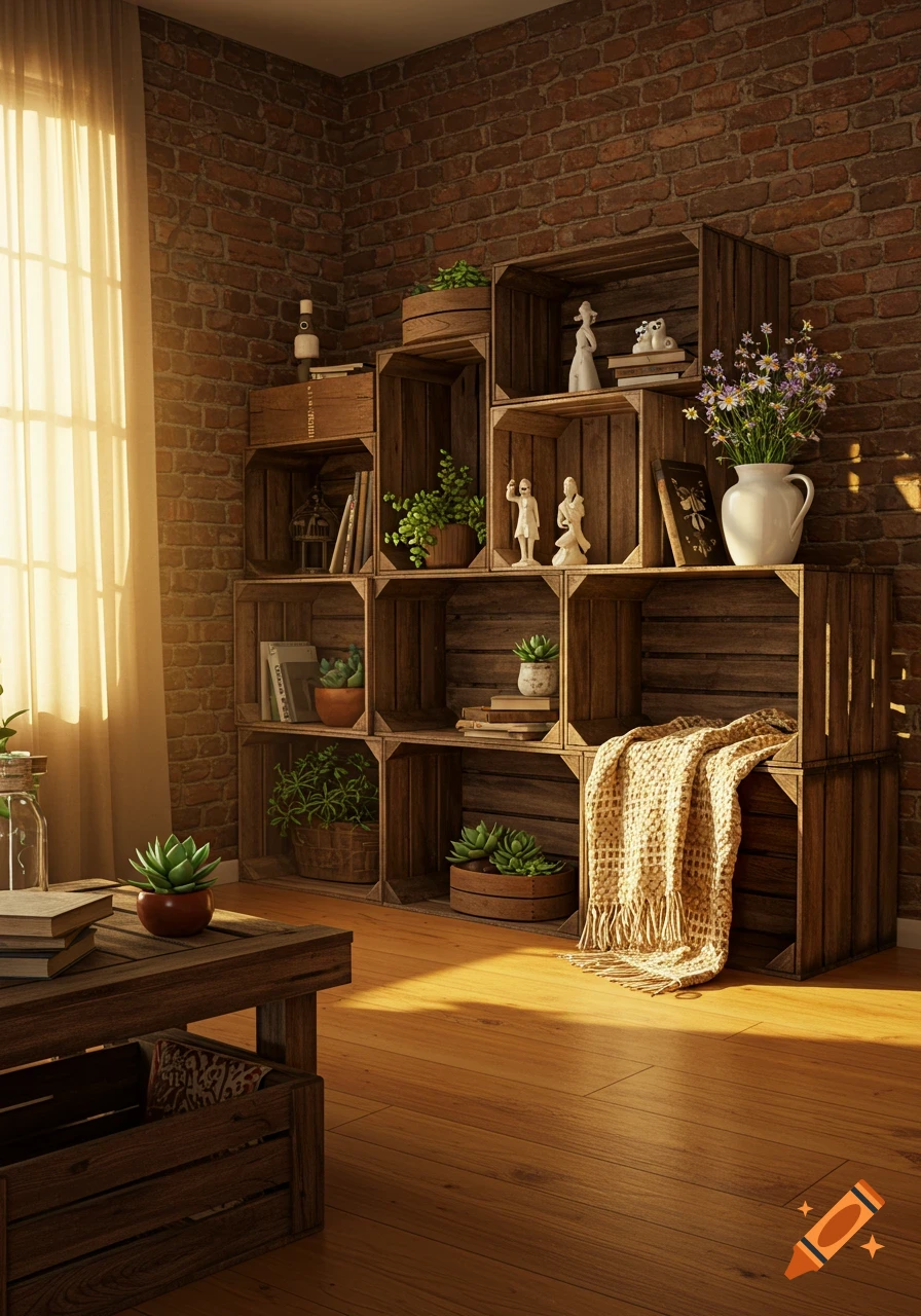Cozy room with stacked wooden crates functioning as shelves against a brick wall, filled with plants, books, and decor, illuminated by warm window light.
