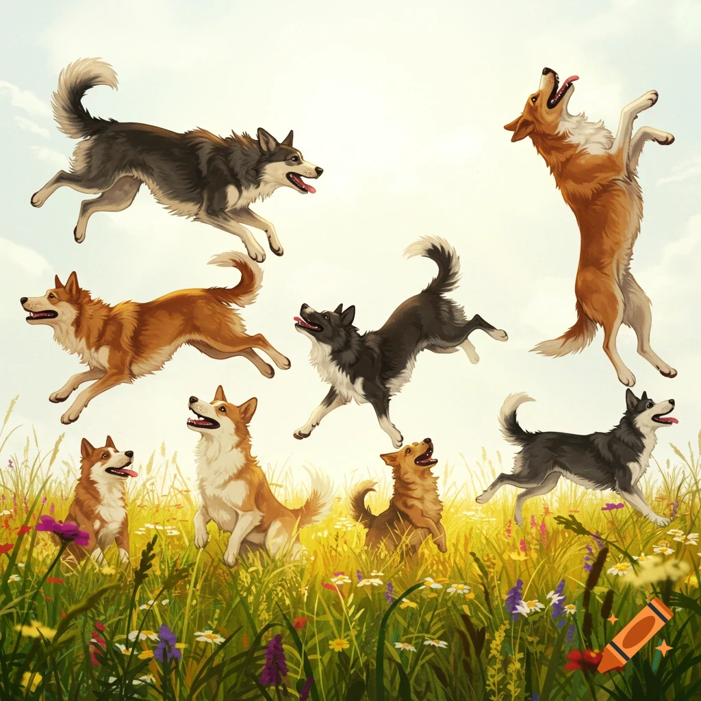 Multiple fluffy dogs of various colors jump and play in a sunny meadow filled with colorful wildflowers, cartoonish illustration.