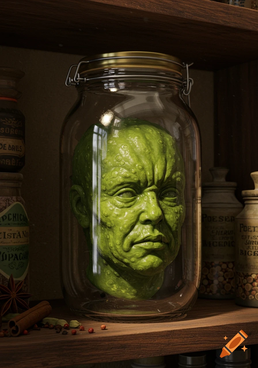 A grotesque, bumpy green head in a large glass pickle jar on a wooden shelf next to blurred apothecary jars, photorealistic.