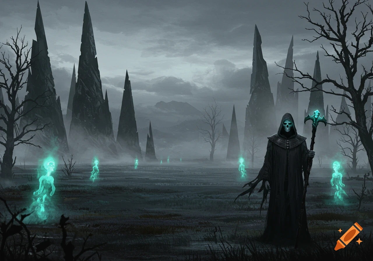 A Grim Reaper with a glowing skull face and staff stands in a desolate, misty landscape with glowing ghosts and sharp mountains.