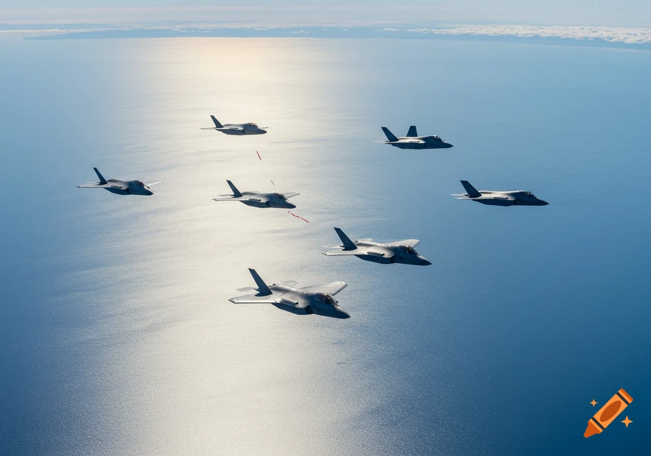 Seven F-35 fighter jets fly in formation over the open ocean under a bright, clear sky.
