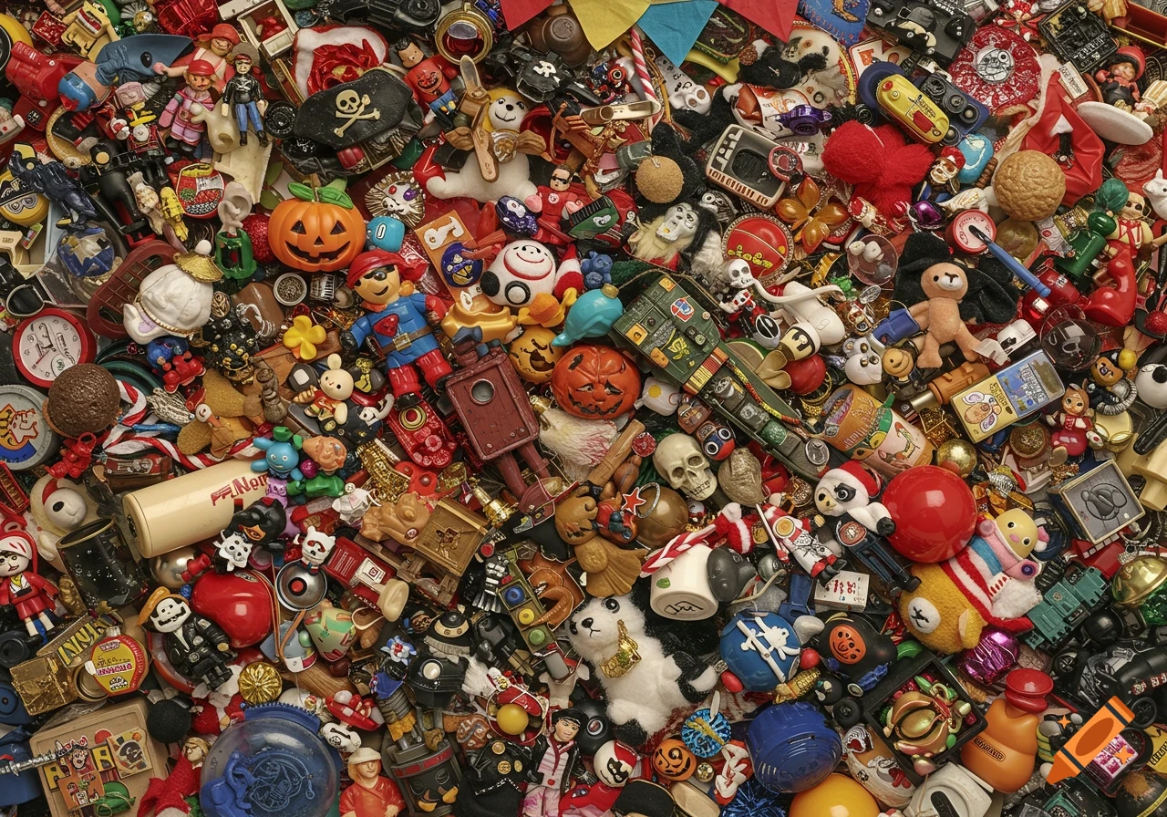 A densely packed, colorful still life of various toys, trinkets, and random objects like pumpkins, skulls, and figurines.