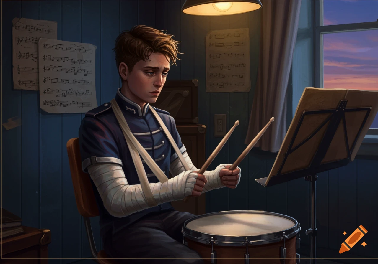 A sad young person with bandaged arms holds drumsticks over a snare drum, with music sheets on the wall.