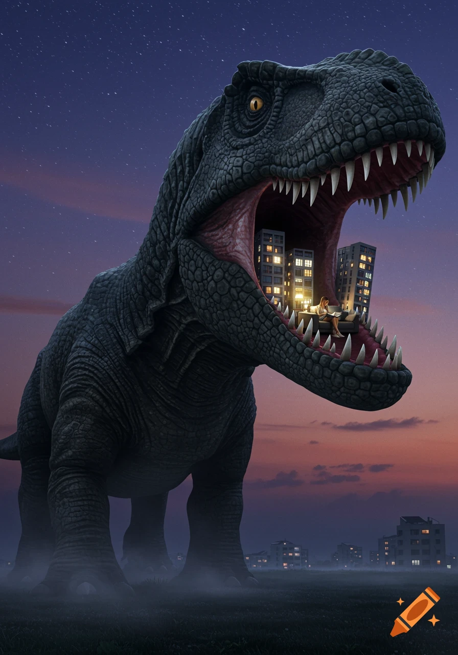 Giant T-Rex with city apartment buildings in its open mouth, a person reads on a couch inside. Surreal dusk scene.