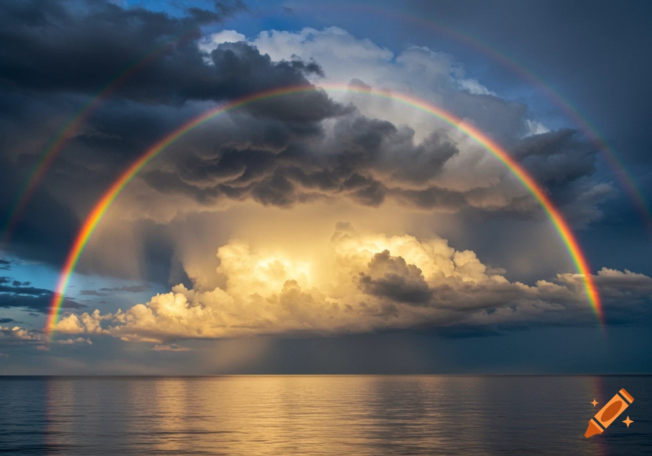 A vibrant double rainbow arches over a stormy ocean with dramatic, illuminated clouds and a golden reflection on the water.