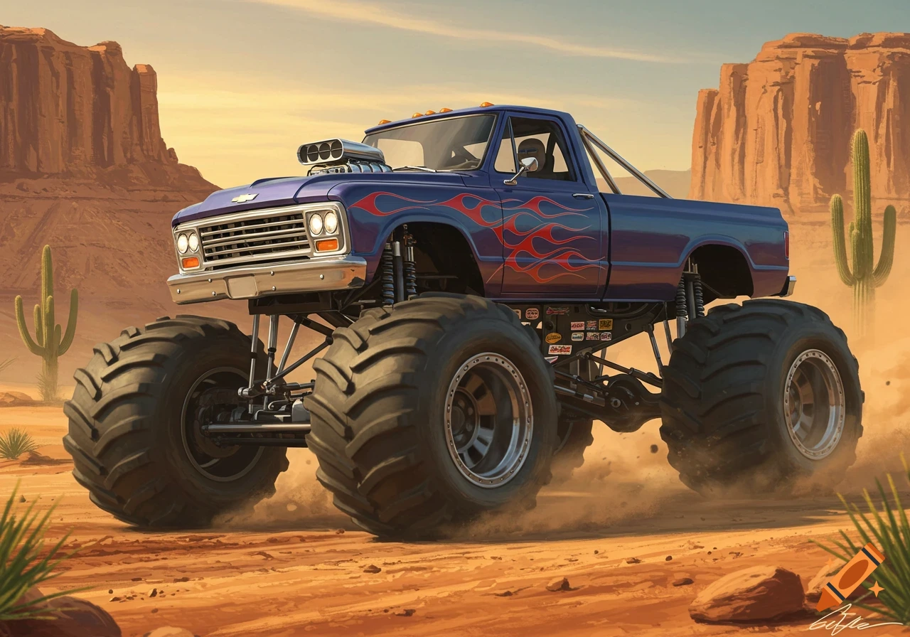 A blue monster truck with red flames drives through a dusty desert landscape with rock formations and cacti.