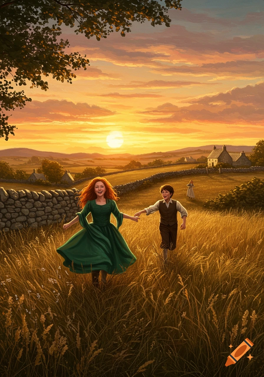 A red-haired girl and a boy run laughing through a sunny field of tall grass at sunset, past a stone wall and distant houses.