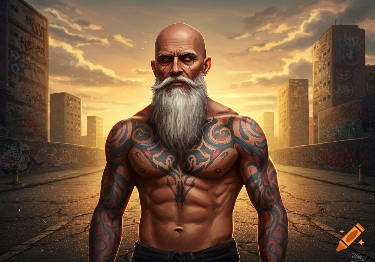 A bald, muscular man with a white beard and extensive tribal tattoos stands in a gritty urban street with graffiti-covered buildings at sunset.
