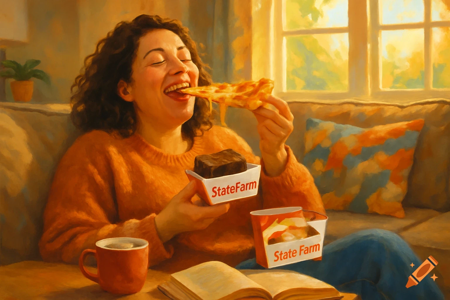 A happy woman eats State Farm pizza and brownies on a couch, depicted in a painterly style.