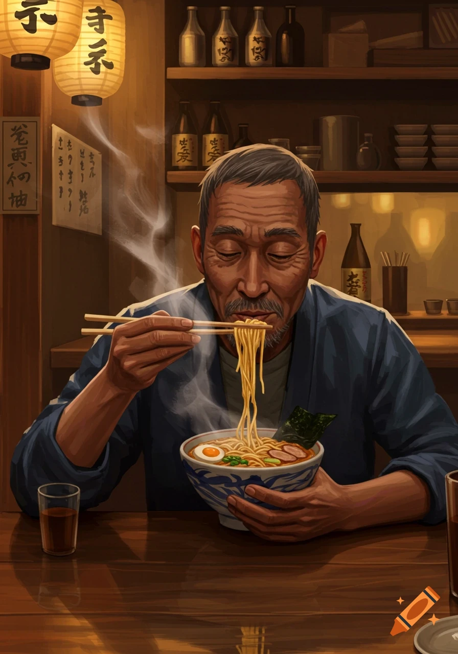 An old man with a mustache and beard happily eats a steaming bowl of ramen noodles with chopsticks in a cozy Japanese restaurant.