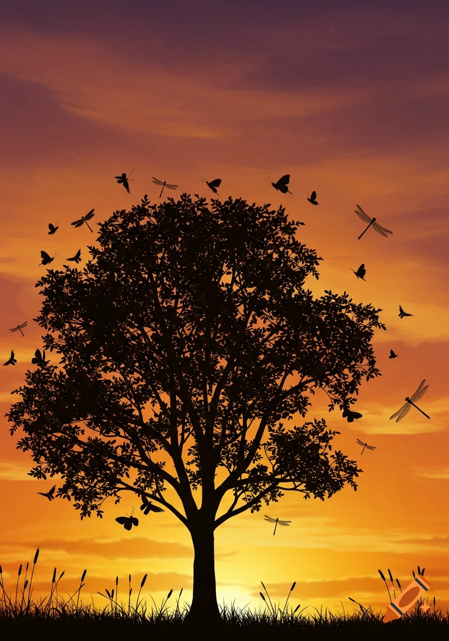 A large tree, butterflies, and dragonflies are silhouetted against a vibrant orange and purple sunset sky with grass.