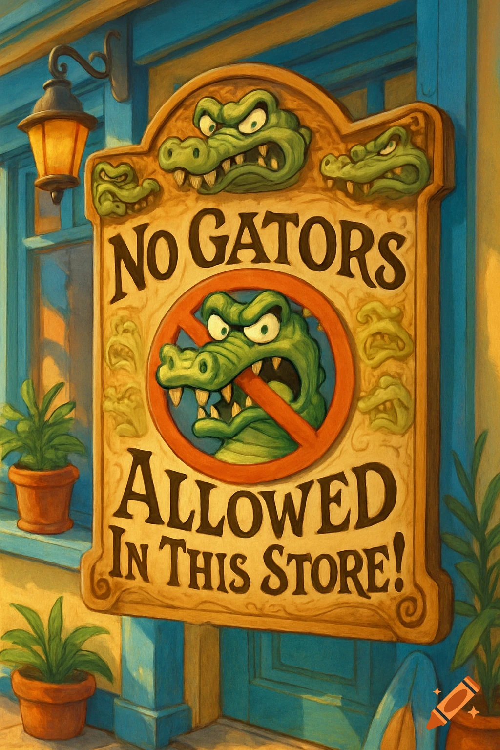 A colorful illustration of a wooden sign on a store window, featuring cartoon gators and the text 'NO GATORS ALLOWED IN THIS STORE!'