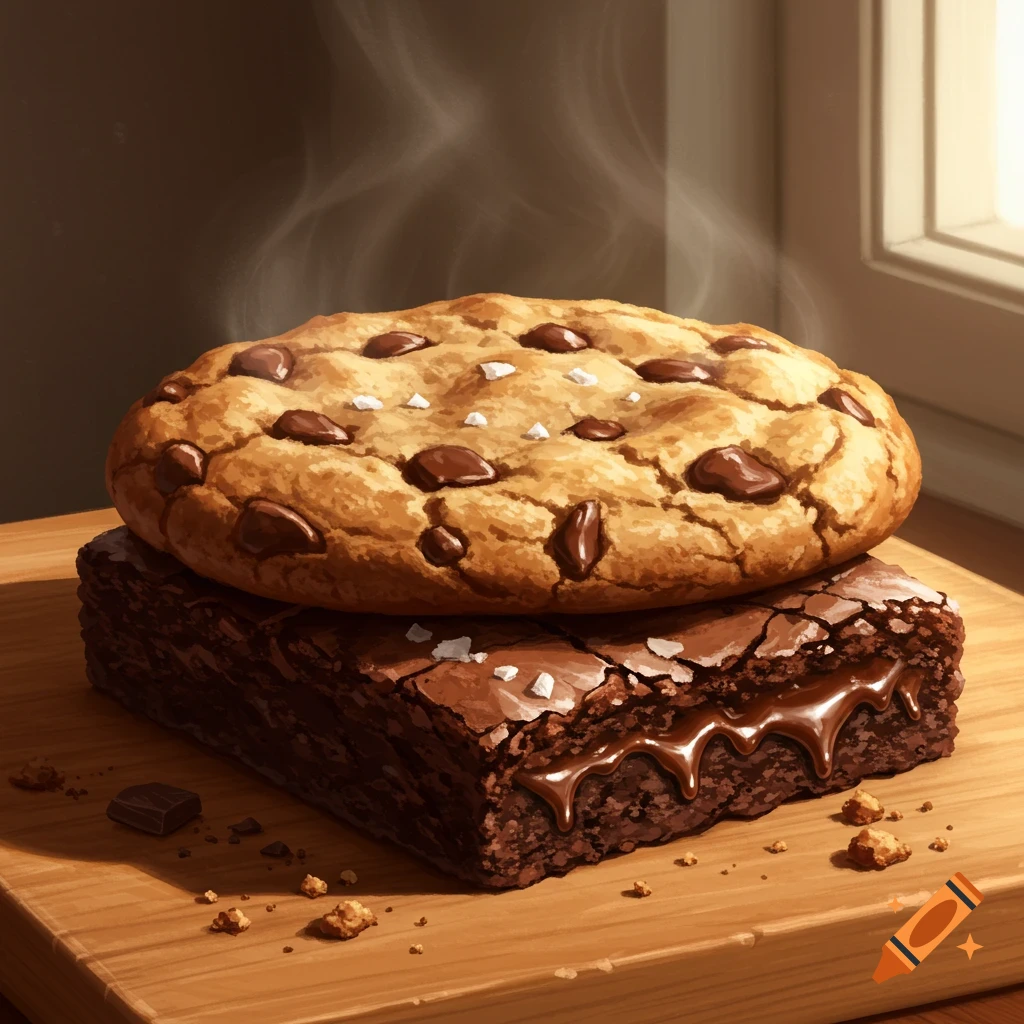 A close-up of a warm chocolate chip cookie with sea salt on top of a gooey chocolate brownie, with steam rising.