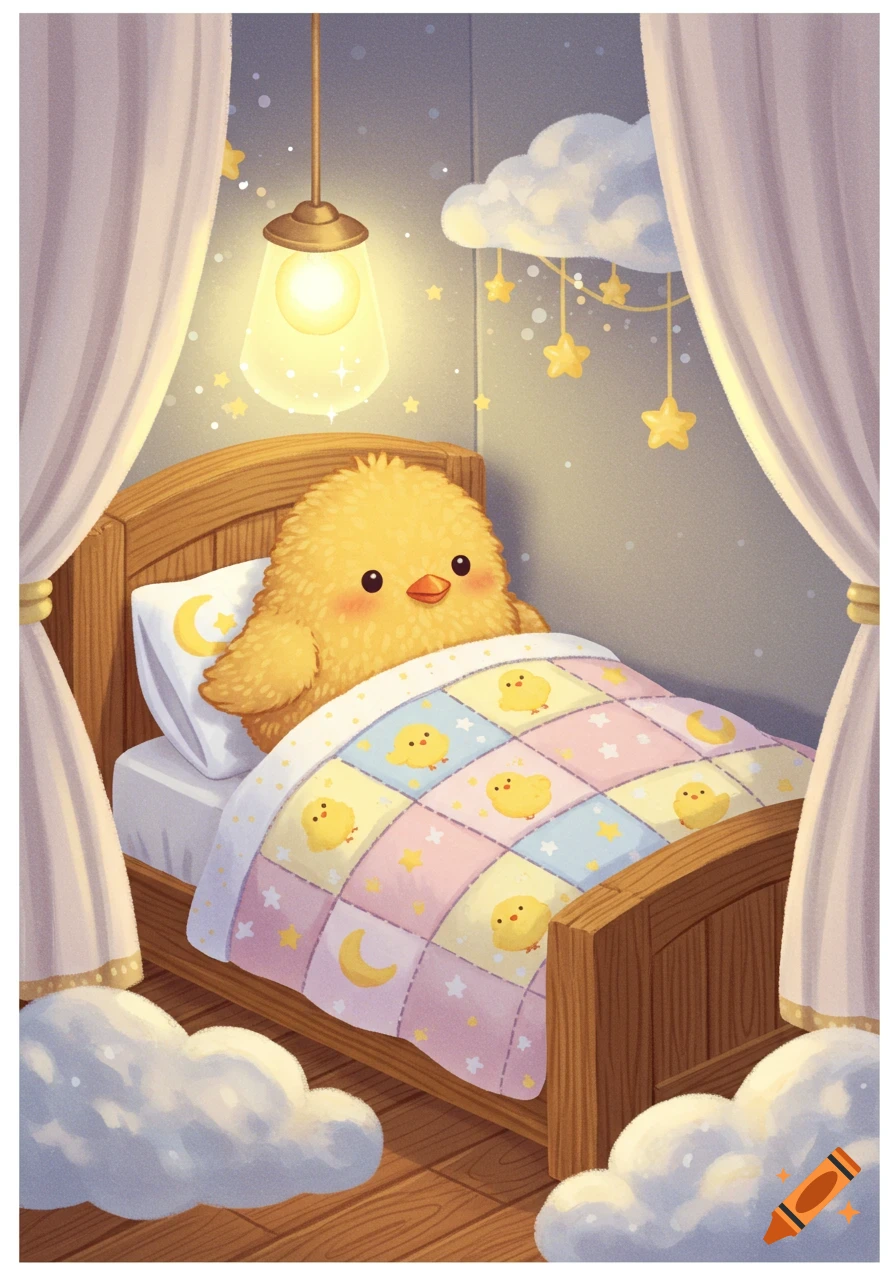 A cute, fluffy yellow cartoon chick tucked into a wooden bed under a colorful patchwork blanket, with a glowing lamp and starry decor.