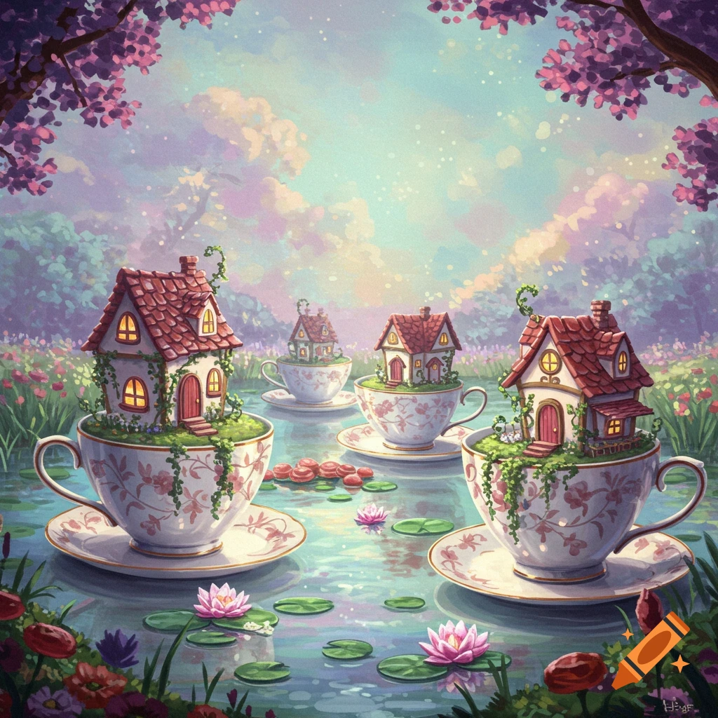 Enchanted teacup village with tiny houses in ornate teacups floating on a shimmering pond with pink lily pads, in a dreamy painterly style.
