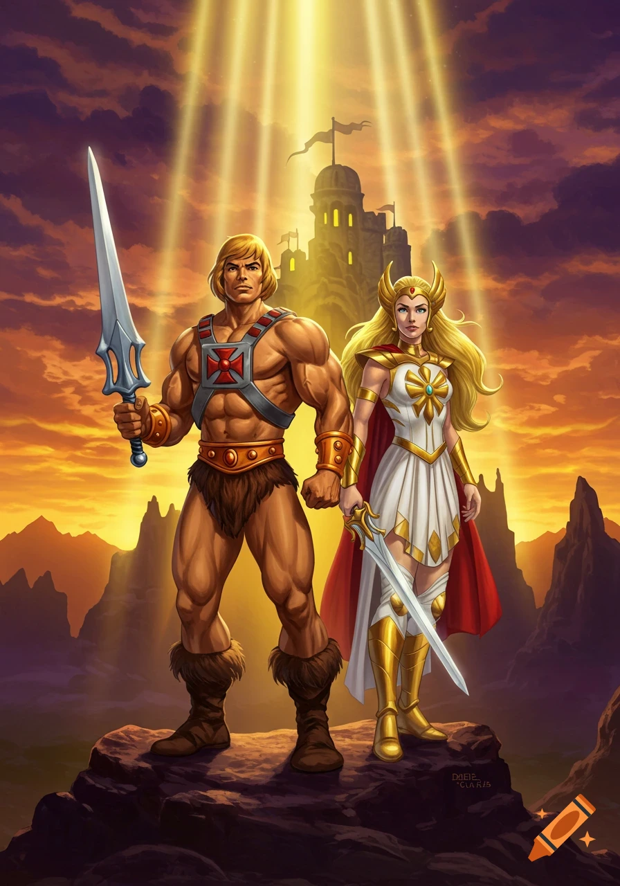 He-Man and She-Ra stand heroically on a rock, swords in hand, with a castle and dramatic sunset sky behind them.