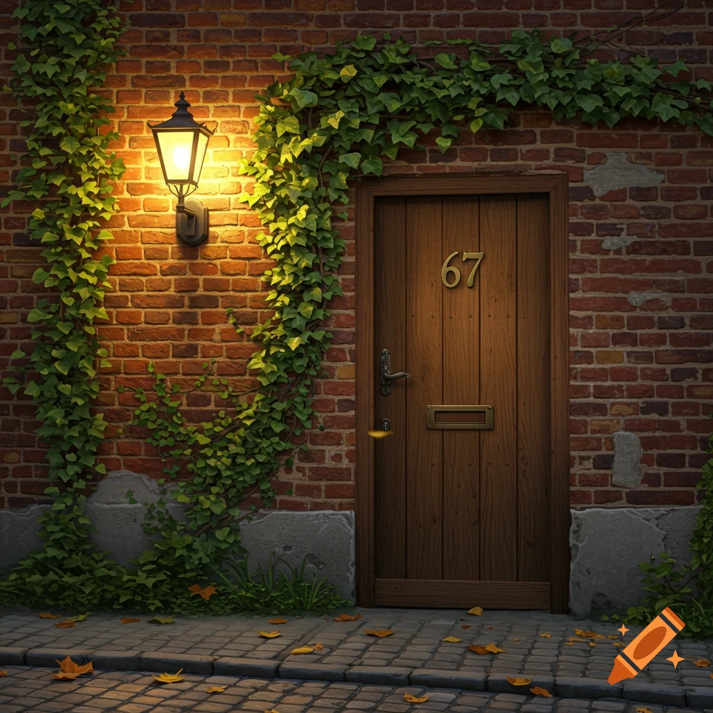 A warmly lit wooden door with the number 67 set in a brick wall covered in green ivy, with fallen leaves on the sidewalk.
