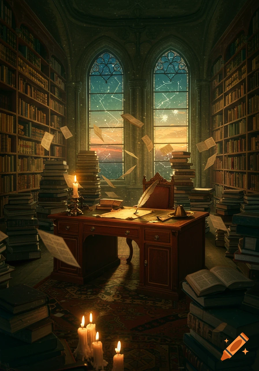 A dimly lit magical library with tall bookshelves, a wooden desk with a quill and candles, and papers floating in the air. Ornate windows reveal a sunset sky filled with constellations.