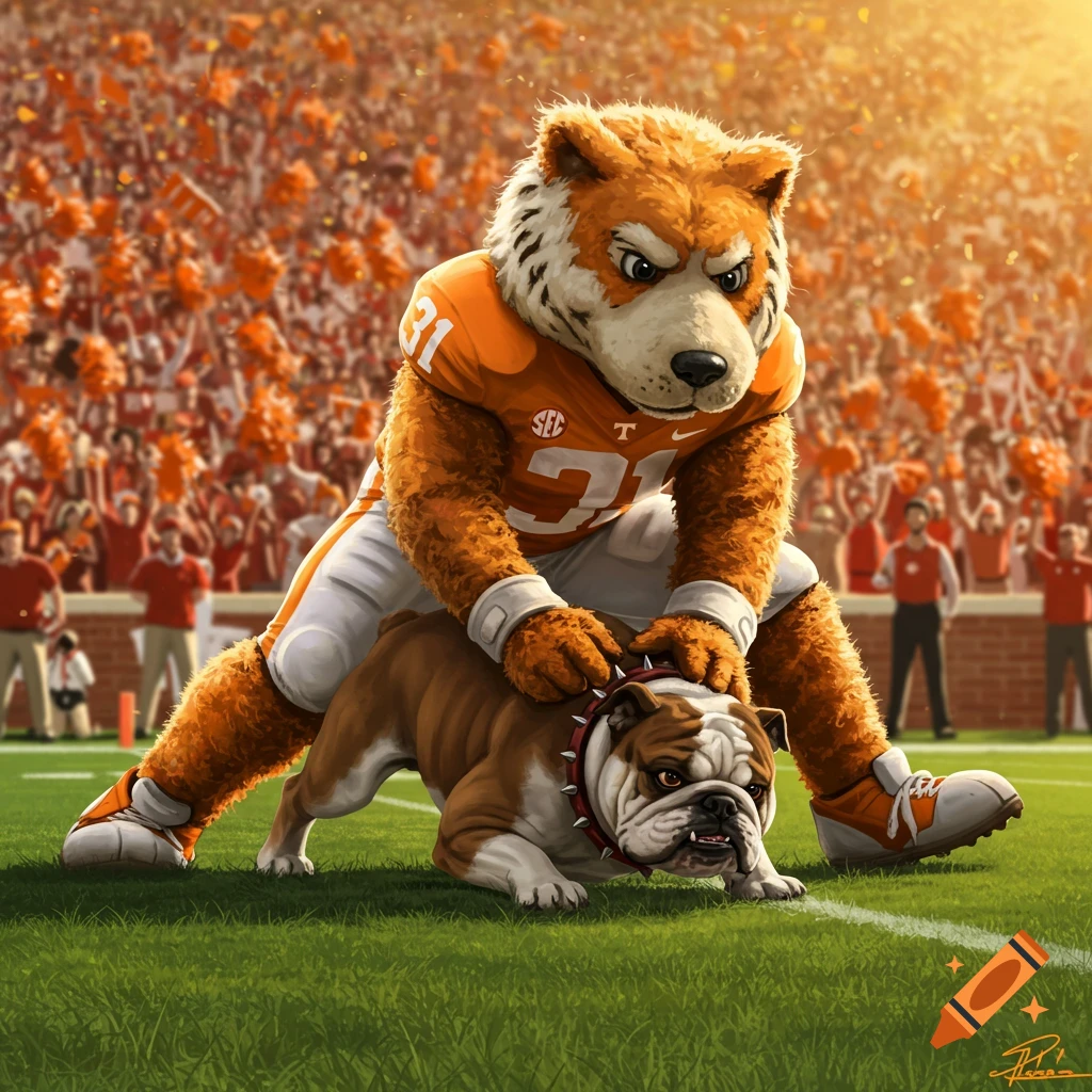 A fierce orange tiger mascot wearing a football jersey pins a growling bulldog mascot on a football field in a stadium filled with cheering fans.