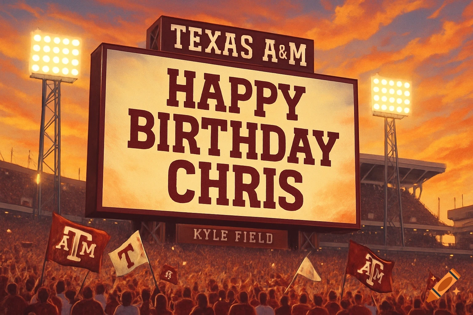 A vibrant graphic of a Texas A&M scoreboard at sunset, displaying 'HAPPY BIRTHDAY CHRIS' and 'TEXAS A&M' above, with 'KYLE FIELD' below. A large crowd fills the stadium, some waving flags.