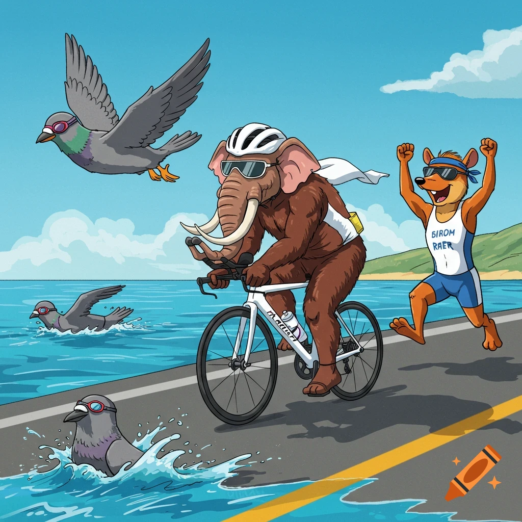 A cartoon triathlon with a pigeon flying low over the ocean, a mammoth cycling on a road, and a bandicoot running with arms raised.