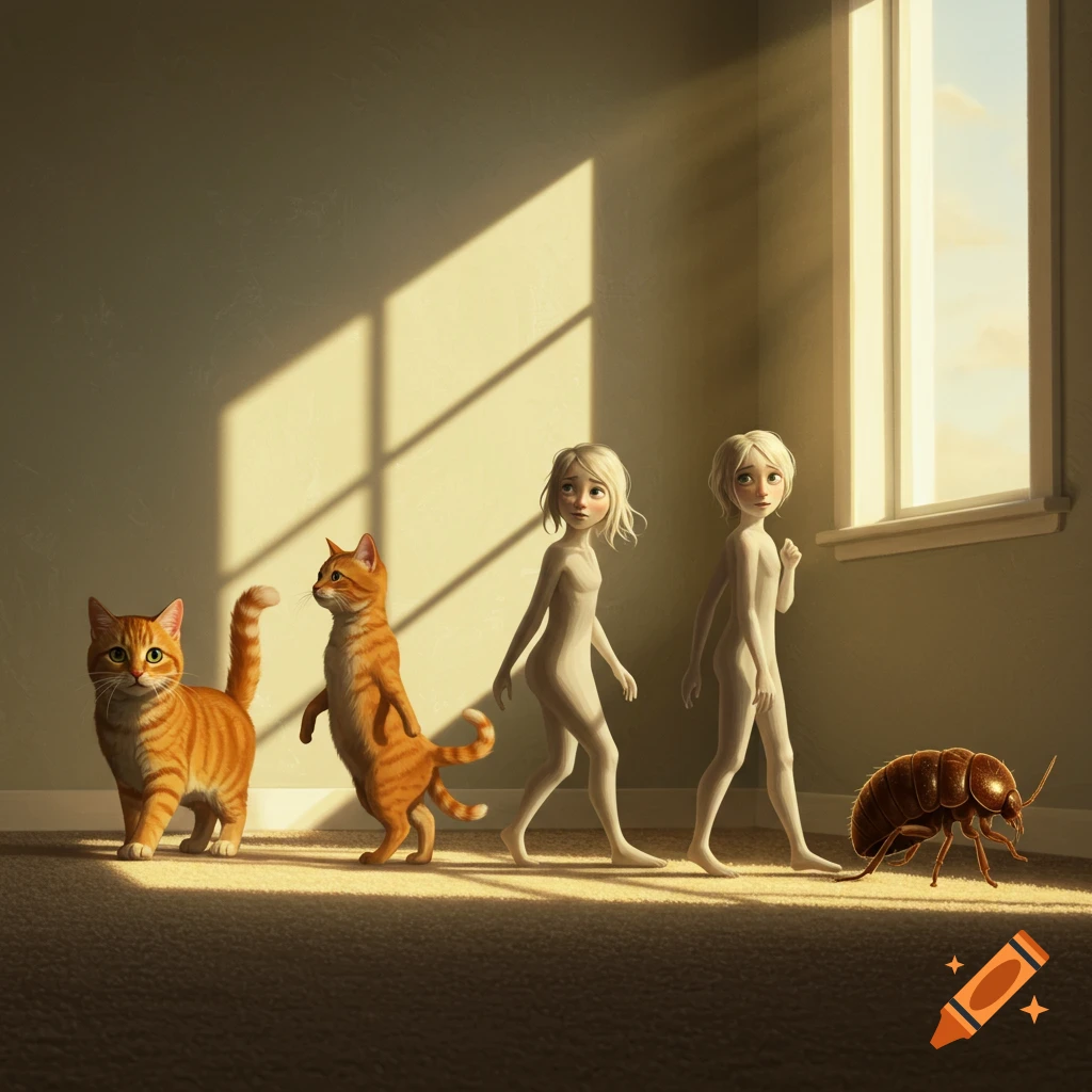 Digital art of an animorph transformation: an orange cat, a bipedal cat, two nude humanoids, and a bed bug in a sunlit room.