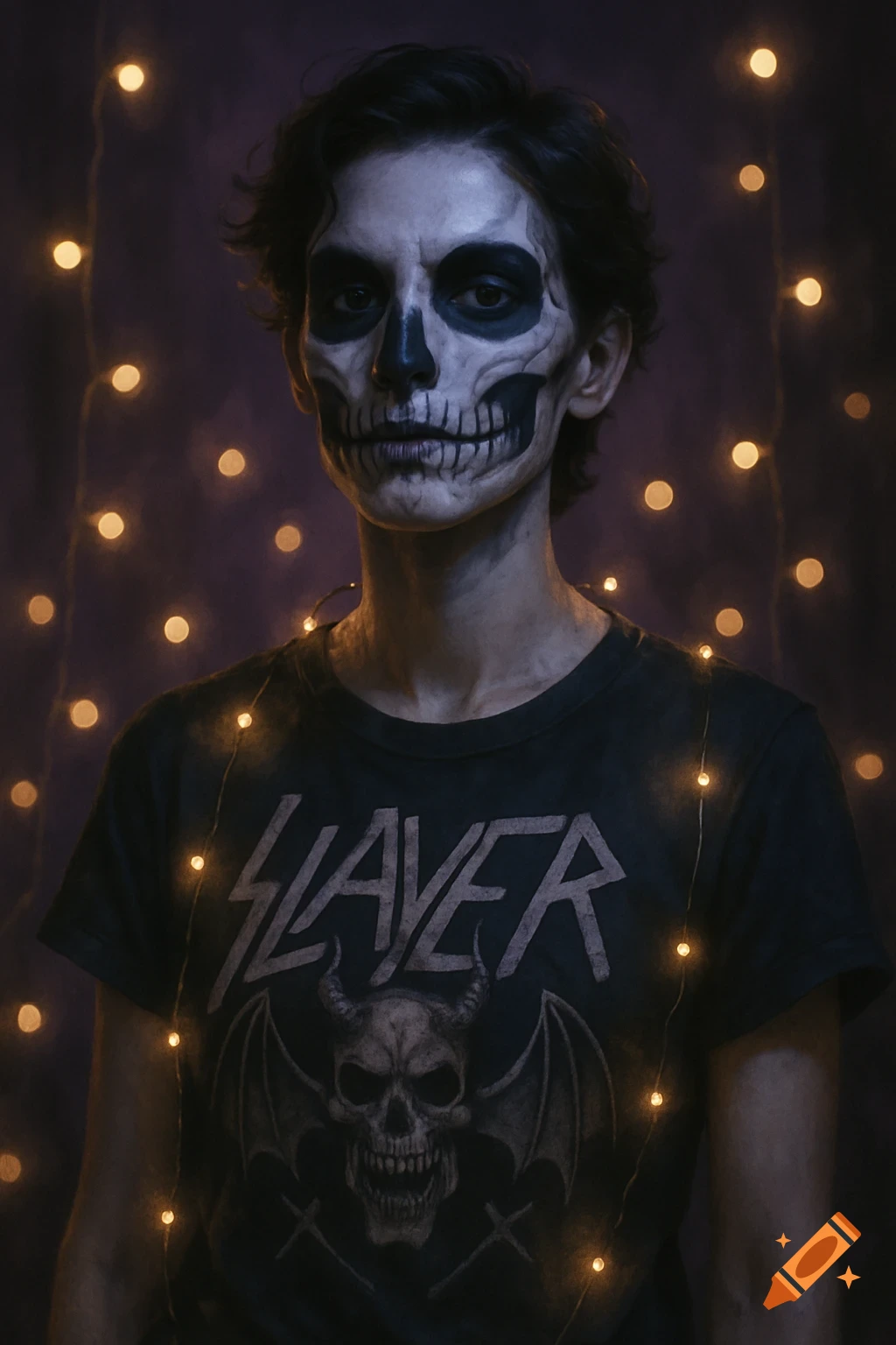 A person with elaborate black and white skull face paint and a Slayer t-shirt, surrounded by glowing fairy lights.