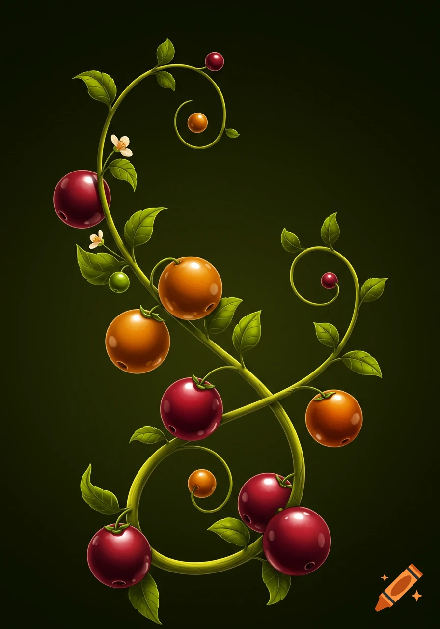 Stylized fruit vine with red and orange fruits, green leaves, and curling stems on a dark green background.