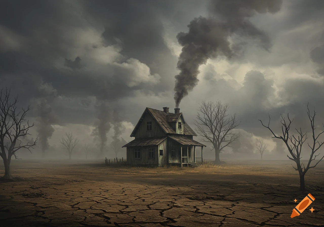An old wooden house on cracked earth with dark smoke rising from its chimney, surrounded by bare trees under a gloomy, cloudy sky.