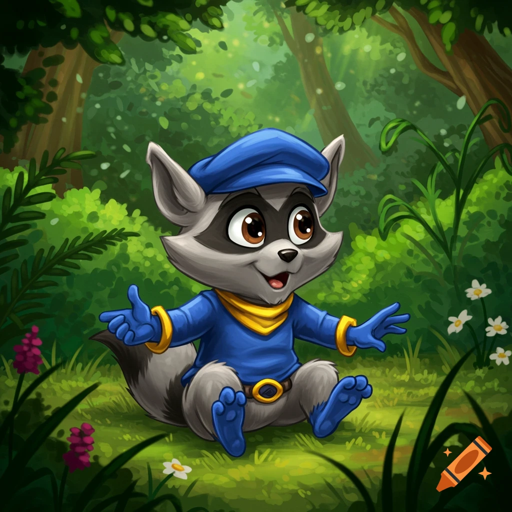 A cute baby raccoon character, wearing a blue beret and shirt, sits with open arms in a lush green 2D cartoon forest.