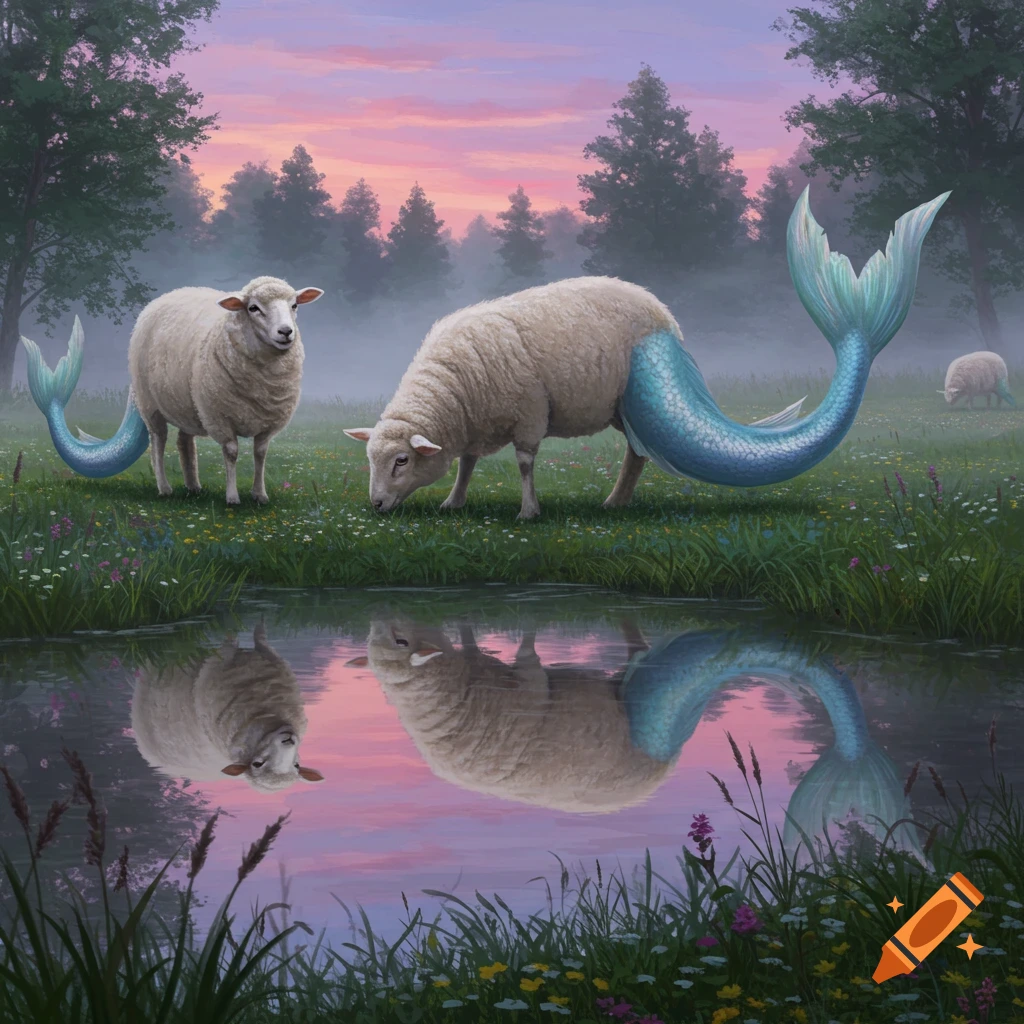 Two sheep with blue mermaid tails graze in a grassy field by a pond under a pink and purple sunset sky, with a third in the background.