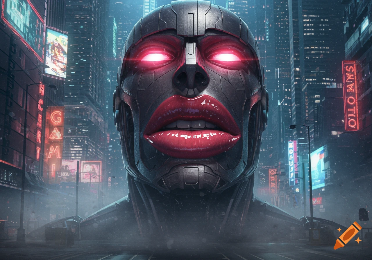 A large, metallic robot head with glowing red eyes and glossy red lips stands prominently in a dark, neon-lit cyberpunk city street.