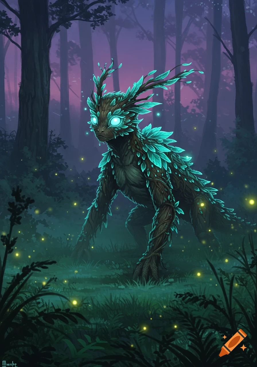 A glowing, tree-like forest spirit with bright blue eyes stands in a dark, misty forest with fireflies, fantasy illustration.