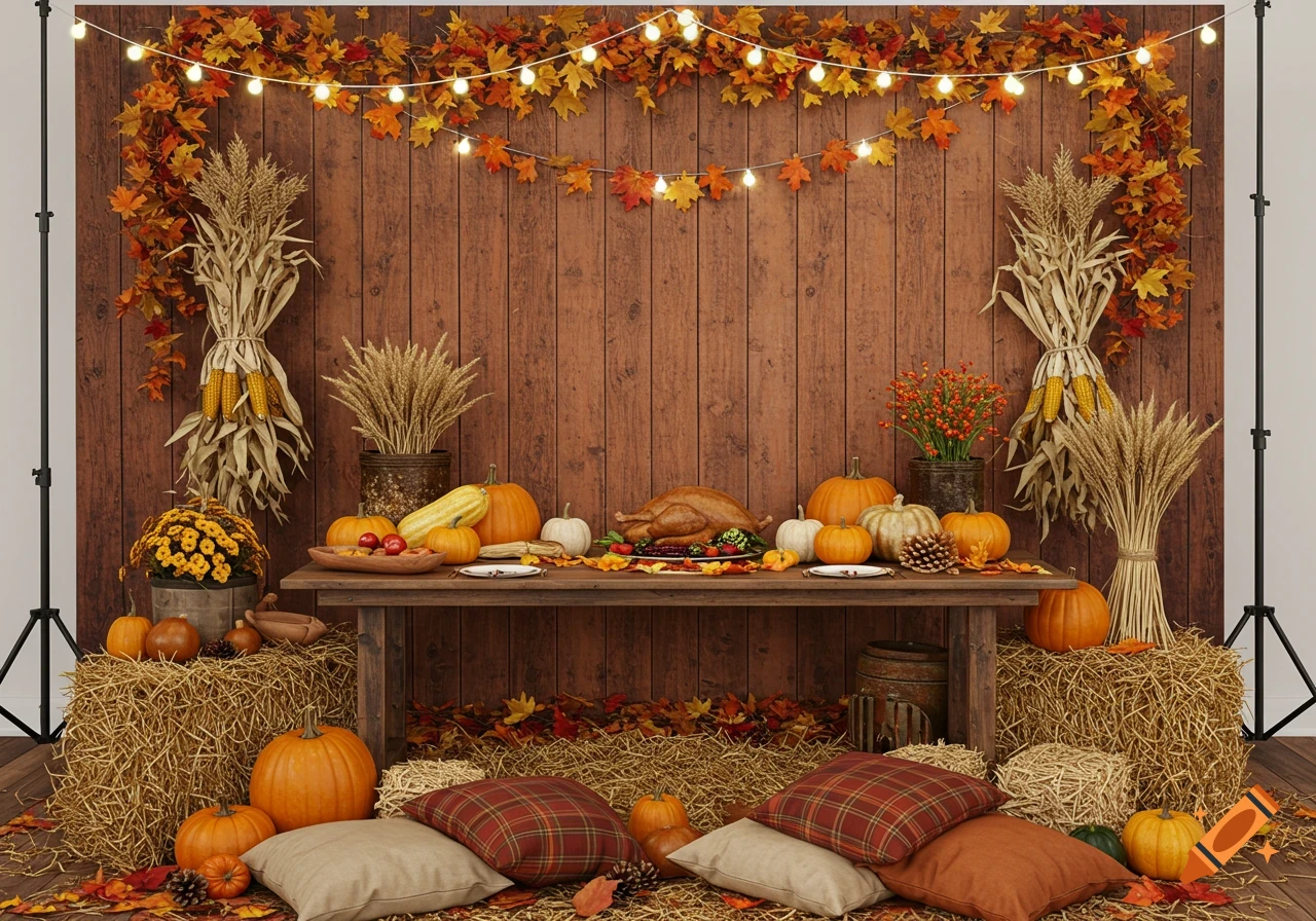 Thanksgiving autumn photobooth setup with wooden wall, string lights, fall leaves, hay, pumpkins, corn, wheat, and roasted turkey.
