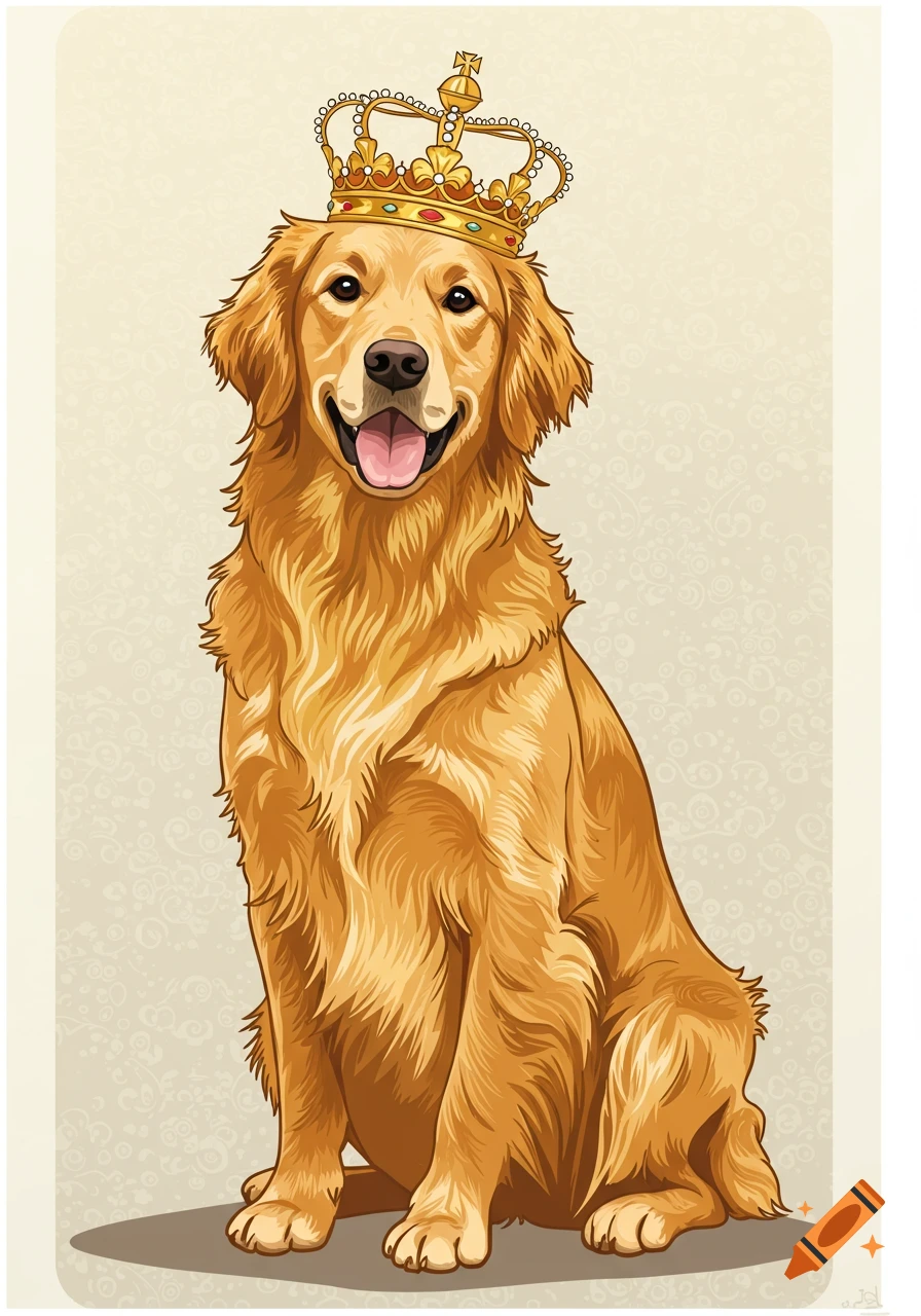 Vector illustration of a golden retriever dog wearing a golden crown, sitting and smiling with its tongue out.