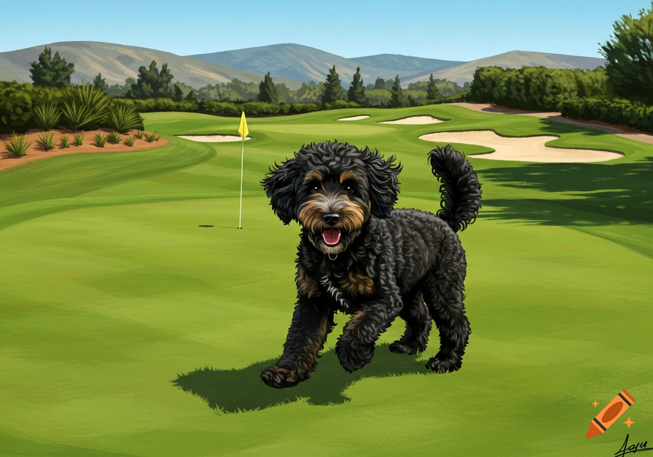 A happy black and tan curly-haired dog stands on a green golf course with a flag, sand bunkers, and mountains in the background. Illustrated.