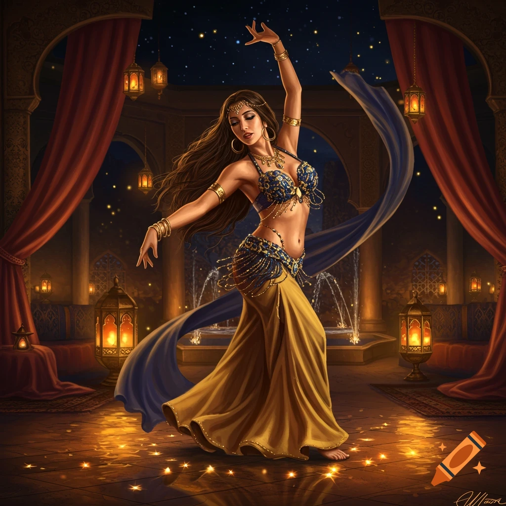 A vibrant digital painting of a belly dancer in a blue and gold costume, dancing in an ornate, lantern-lit room with a fountain.