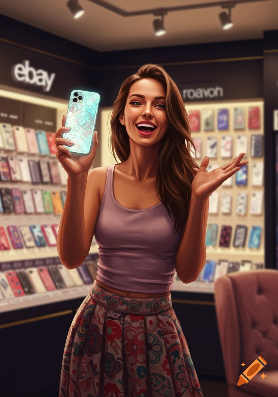 A smiling woman with brown hair holds up a glowing phone with a teal and pink patterned case in a mobile phone accessories store. "ebay" is visible on a sign behind her.