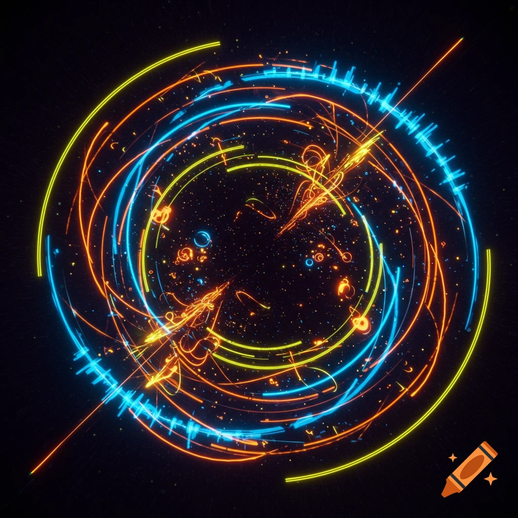 Abstract digital art of glowing blue, orange, and yellow lines and particles forming a circular vortex on a dark background.