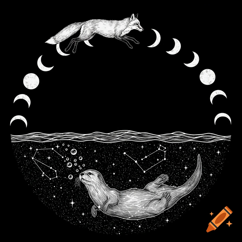Black-and-white ink drawing of a fox jumping over moon phases above a wavy  sea line, with an otter swimming in a starry cosmic ocean below. on Craiyon, image size:1024x1024