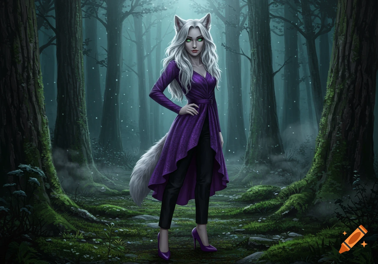 A white-haired wolf girl with green eyes, dressed in a purple dress and black pants, stands in a misty forest. Digital art.
