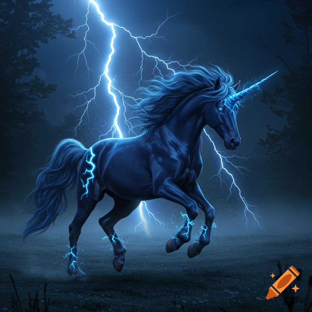 A powerful dark blue unicorn with glowing blue lightning on its horn, eyes, mane, and legs, against a stormy night sky.