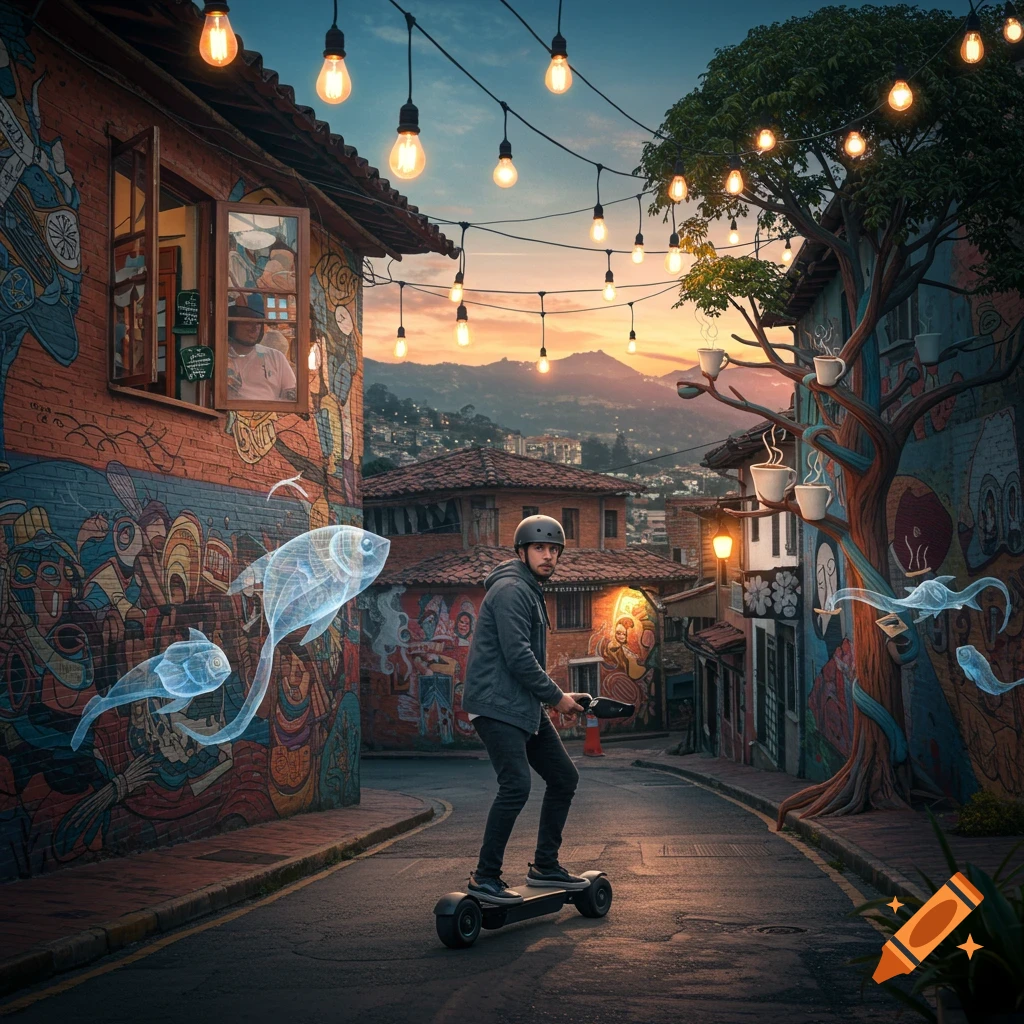 A man on an electric skateboard on a mural-covered street at dusk, surrounded by glowing lightbulbs, luminous fish, and a tree with coffee cups.
