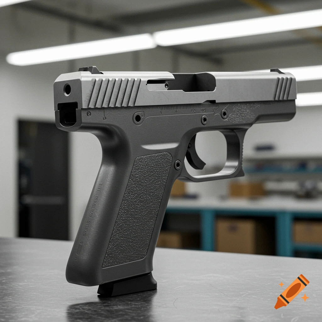 A photorealistic 3D render of a disassembled grey and black pistol frame on a grey table in a workshop.