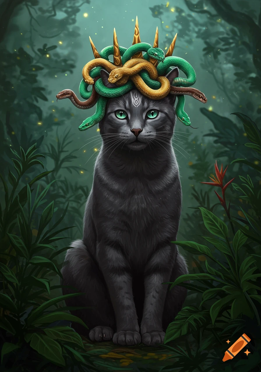 Dark gray cat with bright green eyes wears a crown of green and gold snakes in a dark, glowing jungle, digital art style.