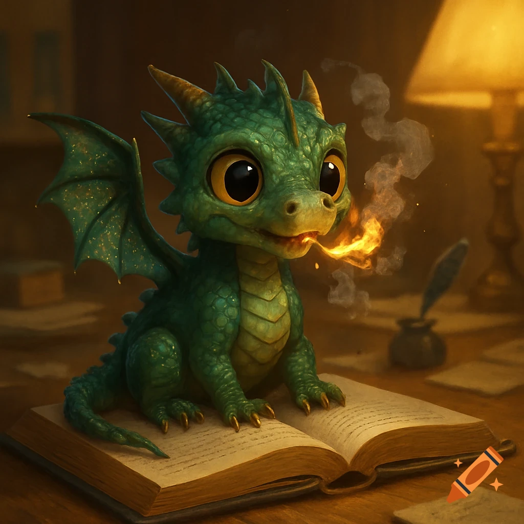 A cute baby green dragon with golden eyes and sparkly wings sits on an open book, breathing fire and smoke in an illustrative style.