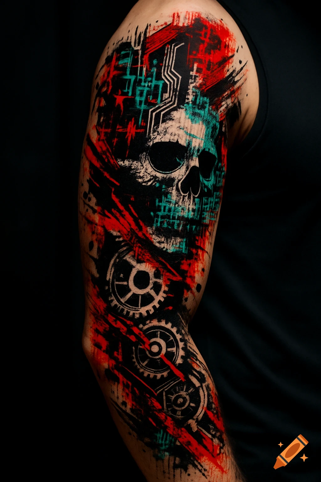 Full arm tattoo in black, red, and teal, featuring a skull, gears, and abstract grunge patterns in a cyberpunk graffiti style.