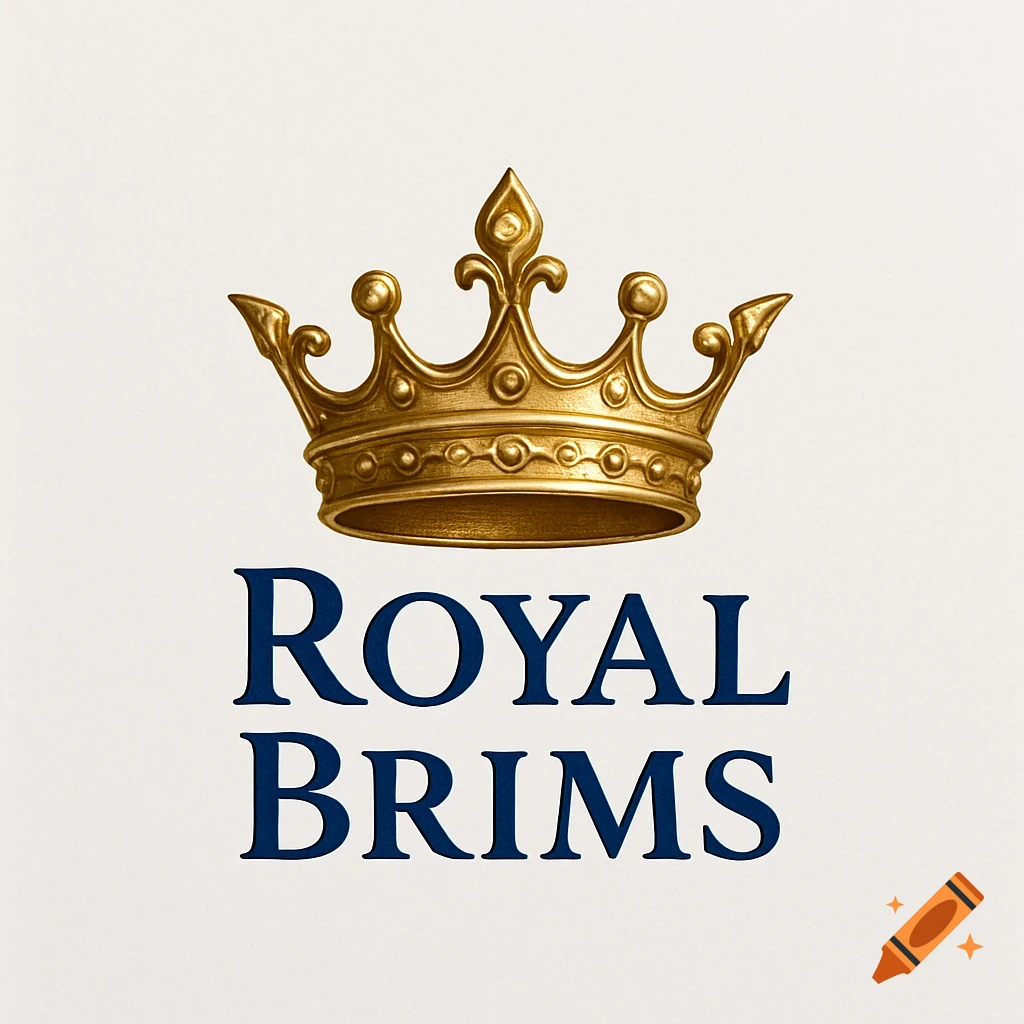 A logo featuring a golden crown above the dark blue text "ROYAL BRIMS" on a light background.