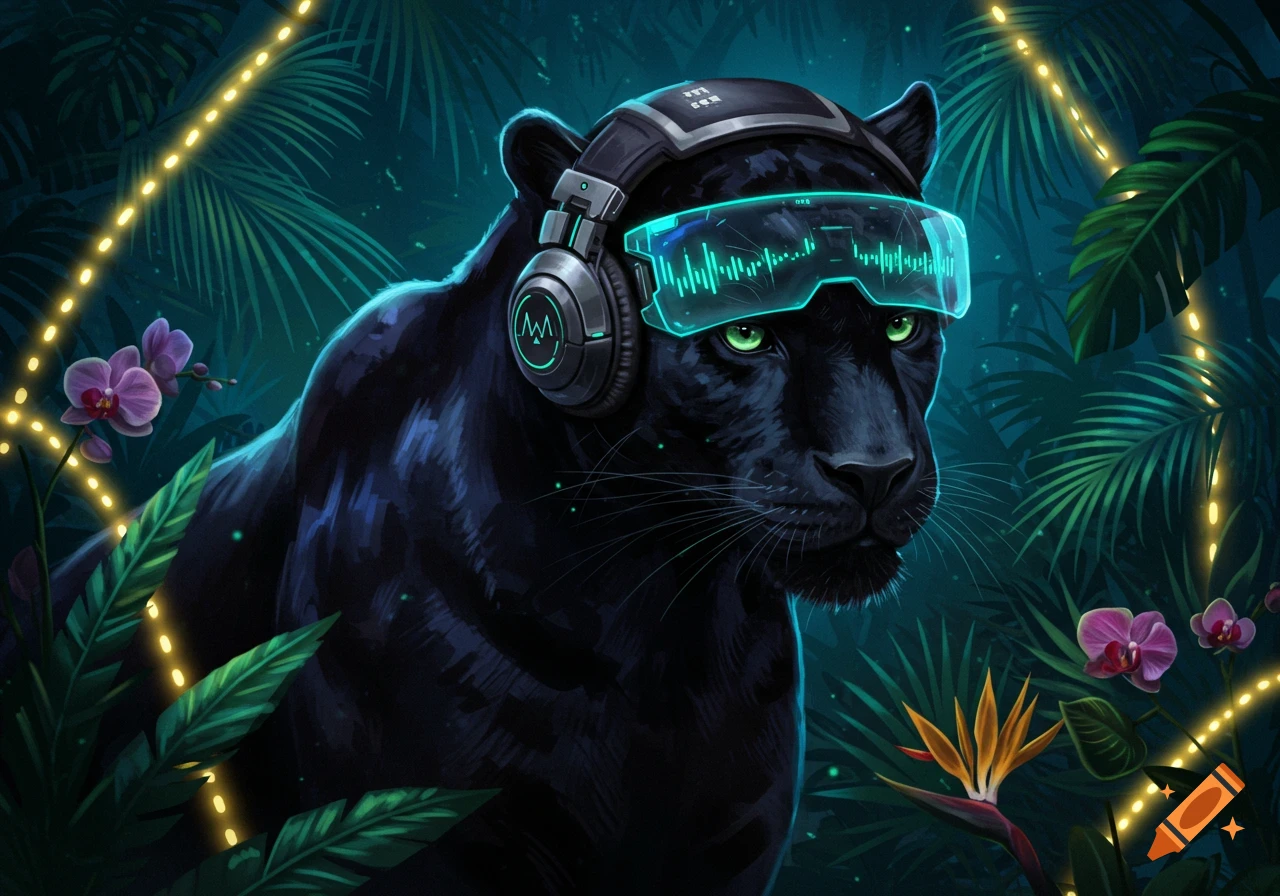 A black panther with glowing green eyes, wearing futuristic headphones and a visor displaying a sound wave, in a neon-lit jungle.