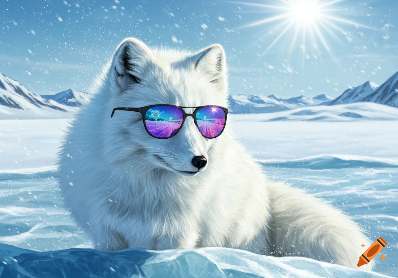 A photorealistic arctic fox wearing vibrant mirrored sunglasses sits in a snowy, icy landscape with mountains under a bright sun.